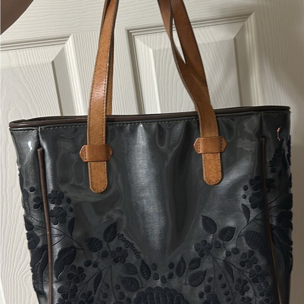 Consuela Black Floral Embossed Tote with Tan Straps